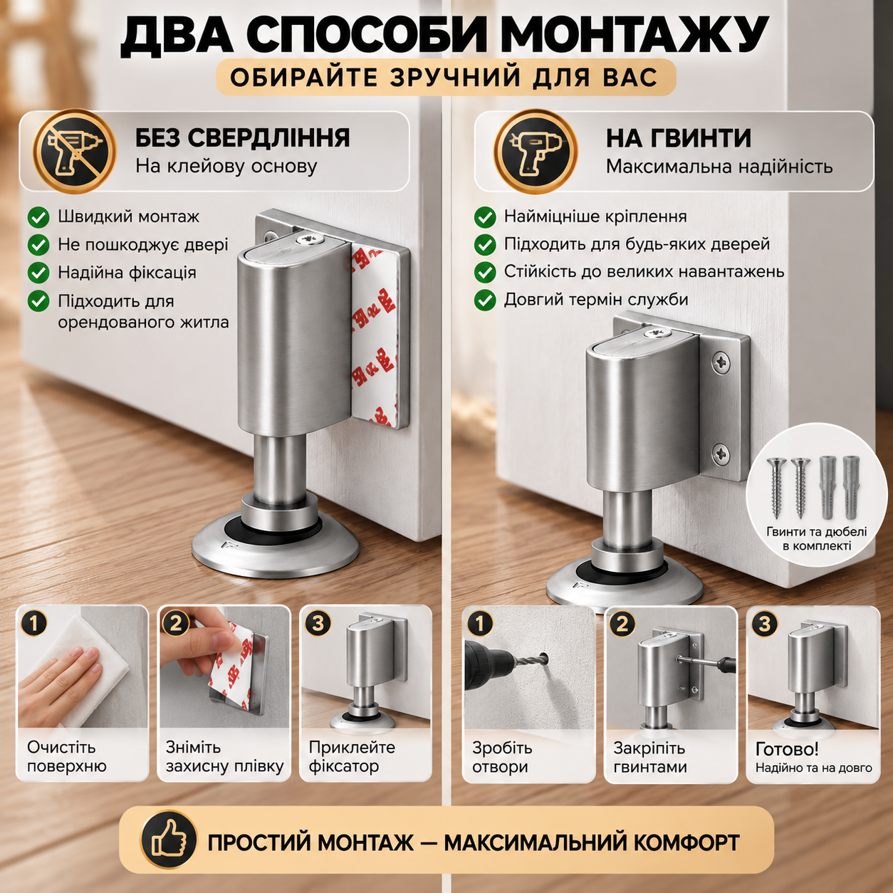 Два способи монтажу дверного фіксатора